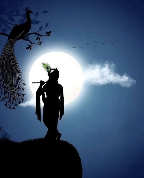 Silhouette of Krishna playing the flute on a hill under the moon, a peacock on a branch